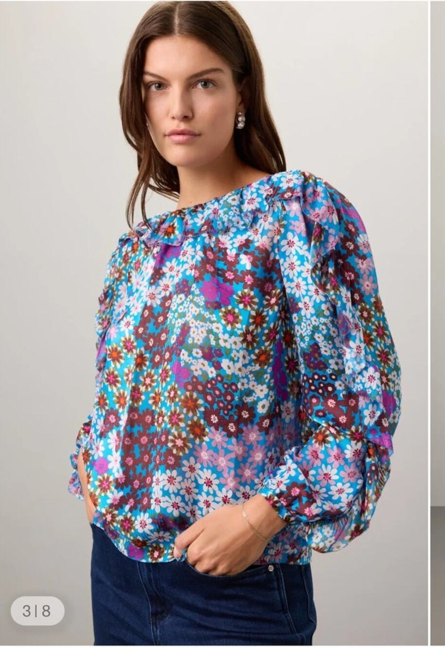 Kate Spade Pacific Petals Chiffon Floral Blouse 100% Silk